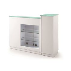 a white cabinet with glass doors and shelves on both sides, in front of a white background