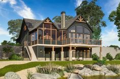 this is an artist's rendering of a large house in the woods with rocks and grass