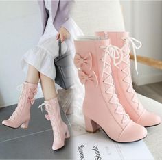 Material:+PU, Sole+Material:+Rubber, Color:+white,+pink,+black, Size:+35,36,37,38,39,40,41,42,43, Eu35+=+225mm/8.86(in), Eu36+=+230mm/9.05(in), Eu37+=+235mm/9.25(in),  +Eu38+=+240mm/9.44(in), Eu39+=+245mm/9.65(in), Eu40+=+250mm/9.84(in), Eu41+=+255mm/10.03(in), Eu... Spring Pink Mid-calf Boots With Round Toe, Pink Round Toe Mid-calf Boots For Spring, Pink Winter Lace-up Boots, Pink High-top Lace-up Boots For Winter, Winter Pink Mid-calf High Ankle Boots, Feminine Pink Boots For Spring, Fall Boots With Bow And Round Toe, Pink High Ankle Mid-calf Winter Boots, Pink Round Toe Lace-up Boots For Winter