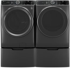 the front load washer and dryer combo are shown in black, with two doors open