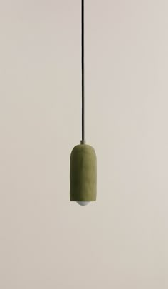 a green light hanging from a black cord on a white wall with a plant in the corner