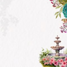 a water fountain surrounded by flowers and greenery on a white background with space for text