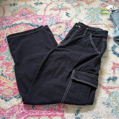 H&M Cargo Pants! Brand New And Have Never Been Worn! High Rise Utility Pants With Contrast Stitching, Y2k Style Black Bottoms With Pockets, Black Y2k Bottoms With Pockets, Black High-waisted Cargo Jeans For Spring, Black Bottoms With Contrast Stitching, Y2k Black Bottoms With Side Pockets, Black Y2k Bottoms With Side Pockets, Black Y2k Cargo Style Bottoms, Black Y2k Cargo Bottoms