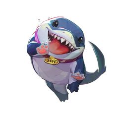 a cartoon shark with its mouth open and it's teeth wide open, standing in the air