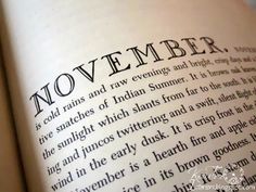 an open book with the words november written in black ink on it's page