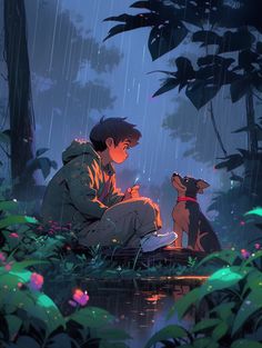 a man sitting next to a dog in the rain