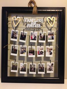 a family photo hanging on a string with pictures pinned to it's side and hearts attached to the strings