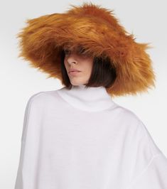 Faux fur hat in orange - Ruslan Baginskiy | Mytheresa Fluffy Faux Fur Hat For Fall, Wide Brim Hat With Faux Fur Lining, Orange Wide Brim Hat For Winter, Faux Fur Hat For Fall, Orange Wide Brim Winter Hat, Fall Faux Fur Hat With Lining, Fall Hats With Faux Fur Lining, Fluffy Faux Fur Wide Brim Hat, Bucket Hat Fashion