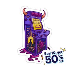 a sticker with the words game over on it and an image of a purple machine