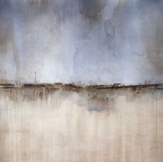 an abstract painting with blue and white colors on the bottom half of it, in front of a gray background