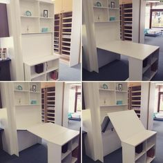 four different shots of a desk and shelves in a room with carpeted flooring