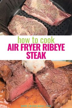 how to cook air fryer ribeye steak in the slow cooker with text overlay