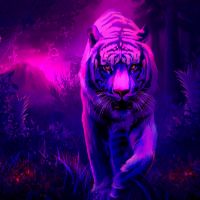 a painting of a tiger walking through the jungle with purple and pink lighting on it's face