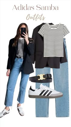 Work Outfit With Nike Sneakers, Adidas Brown Shoes Outfit, Women Outfit With Sneakers, Casual But Put Together Outfits, Blazer 77 Outfits For Women, Women’s Outfits With Sambas, Trouser Jeans Outfit Work, Adidas Samba Outfit Women Casual, Stripe Tshirt Outfit Women