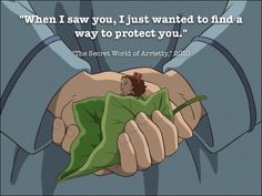 a person holding a green leaf with the caption, when i saw you, i just wanted to find a way to protect you