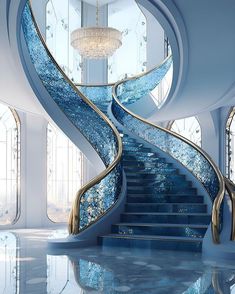 an artisticly designed staircase with blue glass steps and chandelier in the background