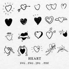 hearts drawn in black and white with different designs on the bottom right hand corner, each heart has an arrow