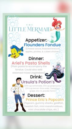 the little mermaid appetizer poster is shown