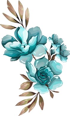 blue flowers with green leaves on a white background