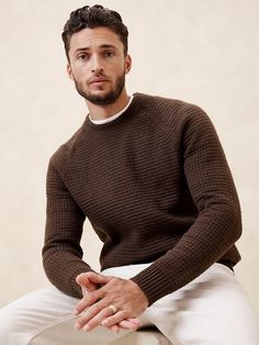 Cozy Textured Sweater | Banana Republic Factory Men's Winter Clothes Style, Mens Tan Sweater Outfit, Mens Brown Sweater Outfit, Mens Fashion Winter, Classic Stretch Brown Sweater, Fitted Brown Tops With Ribbed Cuffs, Fitted Brown Sweater With Ribbed Cuffs, Brown Long Sleeve Sweater With Ribbed Neckline, Fitted Brown Top With Ribbed Cuffs