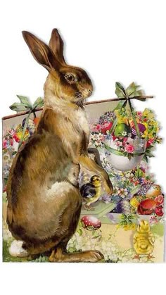 a rabbit sitting on its hind legs in front of a box with flowers and eggs