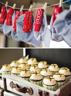 cupcakes and candy are hanging on clothes pins