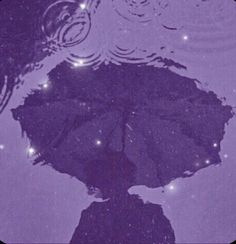 an umbrella is reflected in the water on a purple background with stars and circles around it