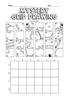 the mystery grid drawing worksheet for kids to learn how to draw and color