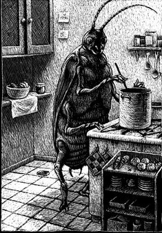 a black and white drawing of a person cooking in a kitchen