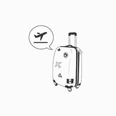 a black and white drawing of a luggage bag with an airplane speech bubble above it