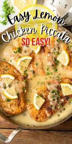 easy lemon chicken piccata recipe in a skillet with gravy and sliced lemons