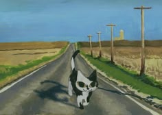 a painting of a cat walking down the road