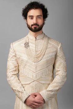 mens sherwani, wedding wear sherwani, cream, peshwai style, wedding wear, latest wedding wear, clothes, stylish, new design, silk, raw silk, Wedding Men