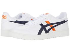 ASICS Tiger Japan S - Men's Shoes : White/Marigold Orange : Heritage style and classic sportiness meet with the ASICS Tiger Japan S sneakers. Casual shoes with leather uppers in a low-top silhouette. Perforated toe box and side panels for added airflow. Lace-up closure for a custom fit. Padded tongue and collar. Breathable textile lining. Padded footbed. Flexible rubber outsole. Imported. Measurements: Heel Height: 1 1 4 in Weight: 14.4 oz Platform Height: 3 4 in Product measurements were taken Dynamic Lace-up Sneakers With Contrast Sole, Dynamic Low-top Running Shoes With Contrast Sole, Dynamic Low-top Basketball Shoes With Rubber Sole, Sporty Lace-up Basketball Shoes With Vulcanized Sole, Sports Basketball Shoes With Contrast Sole, Dynamic Low-top Custom Sneakers, Low-top Basketball Shoes With White Rubber Sole, White Running Shoes With Contrast Sole For Sports, Sporty Lace-up Basketball Shoes With Perforated Toe Box