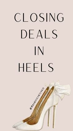 a pair of white high heels with the words closing dealers in heels on top of them