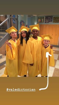 a group of people in yellow graduation gowns posing for a photo with the caption fyveldictoriian