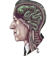 a drawing of a man's head with an octopus in the brain and tentacles on it