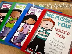 three children's welcome books with the words we miss you