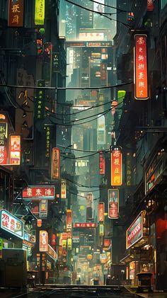 a city street filled with lots of neon signs next to tall buildings in the distance