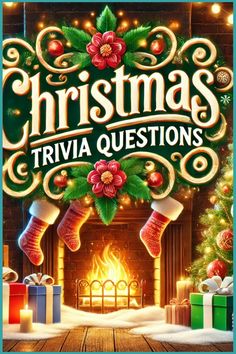 christmas trivia questions with stockings and presents in front of a fireplace, surrounded by lights