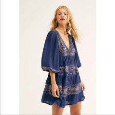 Nwt Free People My Love Mini Dress Boho Peasant Sleeve Navy Blue Deep V-Neck Floral Free People Blue V-Neck Bohemian Long Sleeve Dress, Extra Small Casual V-neck Peasant Dress For Spring, Flowy V-neck Peasant Dress, Blue V-neck Boho Dress For Spring, Casual Flowy V-neck Peasant Dress, Casual V-neck Peasant Dress For Summer, Spring Casual V-neck Peasant Dress, Flowy V-neck Peasant Boho Dress, Casual Blue Boho Dress For Brunch, Peasant V-neck Beach Dress