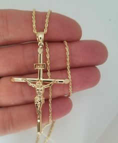 NEW-14k Real Yellow Gold Jesus Crucifix Religious Cross Pendant-Z836 Chain: 14k Solid Yellow Gold Rope Chain 16",18",20",22",24"-2.0 mm Pendant:     Avg. Weight-3.2 g     Material Type-14k Gold     Height-56     Width-37 Jewelry Photography Tutorial, Western Jewelry Necklace, Gold Crucifix Necklace, Golden Cross, Jesus Necklace, Mens Gold Jewelry, Religious Cross, Gold Cross Necklace, Pink Accessories