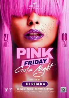 pink friday party flyer with an image of a woman's face and purple hair