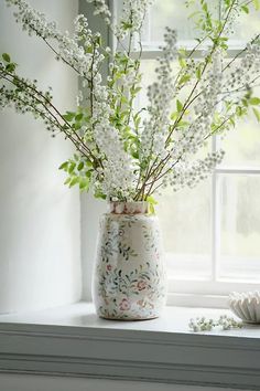 a vase with white flowers in it sitting on a window sill