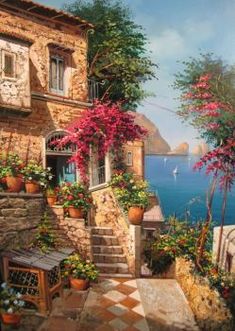 an oil painting of a house with flowers on the steps and water in the background