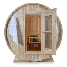 a wooden sauna with an open door and shelves in the center, on a white background