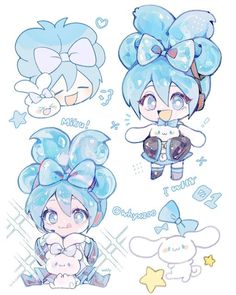 some cartoon character drawings with blue hair and bows on their head, one is holding a teddy