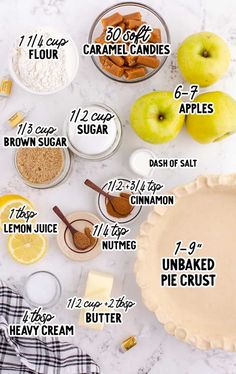 the ingredients needed to make an apple pie on a marble counter top with text overlay