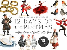 the twelve days of christmas watercolor clipart collection is available for commercial use on all devices