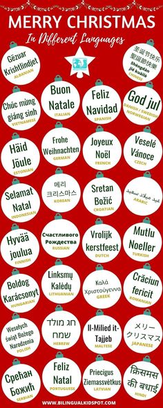 merry christmas stickers with different languages and numbers on them, all in white and red